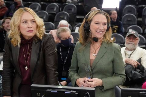 ESPN's Doris Burke and Beth Mowins look on before the start of NBA basketball game between the Utah Jazz and Golden State Warriors Wednesday, Feb. 9, 2022, in Salt Lake City. (AP Photo/Rick Bowmer)