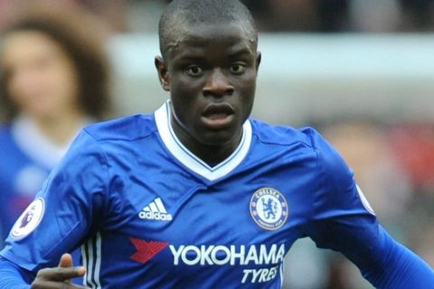 Chelseas Ngolo Kante during the English Premier League soccer match between Stoke City and Chelsea at the Britannia Stadium, Stoke on Trent, England, Saturday, March 18, 2017. (AP Photo/Rui Vieira)
