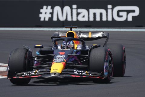 Red Bull driver Max Verstappen, of the Netherlands, takes part in the first practice session of the Formula One Miami Grand Prix auto race at Miami International Autodrome in Miami Gardens, Fla., Friday, May 5, 2023. (AP Photo/Rebecca Blackwell)