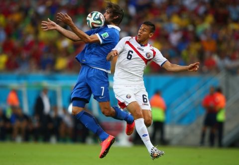 RECIFE, BRAZIL - JUNE 29: Giorgos Samaras of Greece controls the ball against Oscar Duarte of Costa Rica during the 2014 FIFA World Cup Brazil Round of 16 match between Costa Rica and Greece at Arena Pernambuco on June 29, 2014 in Recife, Brazil.  (Photo by Ian Walton/Getty Images)