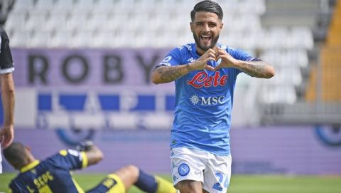 Napoli's  Lorenzo Insigne, celebrates after he scored his side's second goal during the Serie A soccer match between Parma and Napoli at the Ennio Tardini stadium in Parma Sunday, Sept. 20, 2020. (Massimo Paolone/LaPresse via AP)