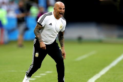 Argentina coach Jorge Sampaoli screams during the round of 16 match between France and Argentina, at the 2018 soccer World Cup at the Kazan Arena in Kazan, Russia, Thursday, June 28, 2018. (AP Photo/Ricardo Mazalan)
