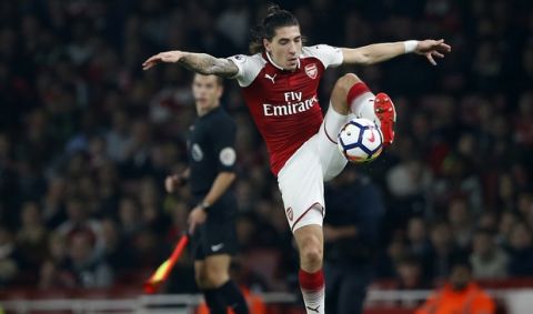 Arsenal's Hector Bellerin controls the ball during their English Premier League soccer match between Arsenal and West Bromwich Albion at the Emirates stadium in London Monday, Sept. 25, 2017. (AP Photo/Alastair Grant)