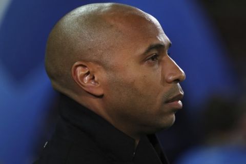 Monaco head coach Thierry Henry prior to a Champions League Group A soccer match between Club Brugge and Monaco at the Jan Breydel Stadium in Bruges, Belgium, Wednesday, Oct. 24, 2018. (AP Photo/Francisco Seco)