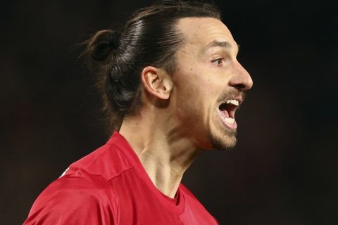 Manchester United's Zlatan Ibrahimovic shouts during the Europa League round of 32 first leg soccer match between Manchester United and St.-Etienne at the Old Trafford stadium in Manchester, England, Thursday, Feb. 16, 2017 . (AP Photo/Dave Thompson)