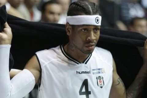 Former NBA player Allen Iverson of Besiktas Cola Turka reacts on the bench during their Turkish basketball league game against Fenerbahce Ulker in Istanbul, Turkey, Sunday, Nov. 21, 2010. (AP Photo/Ibrahim Usta)