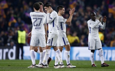 Chelsea players applaud the supporters at the end of the Champions League round of sixteen second leg soccer match between FC Barcelona and Chelsea at the Camp Nou stadium in Barcelona, Spain, Wednesday, March 14, 2018. (AP Photo/Manu Fernandez)