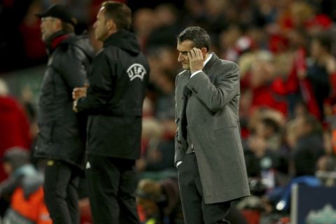 Barcelona coach Ernesto Valverde reacts during the Champions League semifinal, second leg, soccer match between Liverpool and FC Barcelona at the Anfield stadium in Liverpool, England, Tuesday, May 7, 2019. (AP Photo/Dave Thompson)