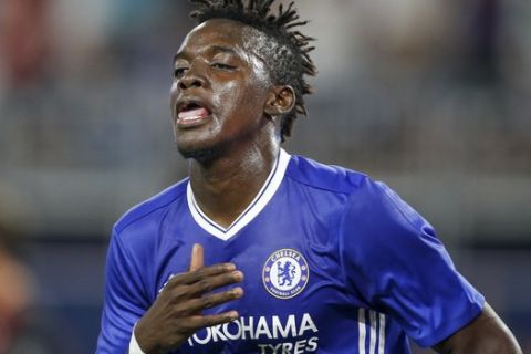 Chelsea forward Bertrand Traore celebrates his goal against AC Milan during the first half of an exhibition soccer match Wednesday, Aug. 3, 2016, in Minneapolis. (AP Photo/Bruce Kluckhohn)