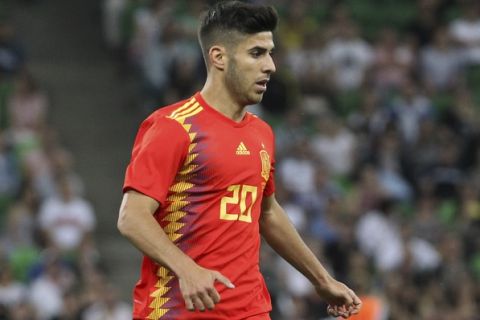 Spain's Marco Asensio is pictured during a friendly soccer match between Spain and Tunisia in Krasnodar, Russia, Saturday, June 9, 2018. (AP Photo)