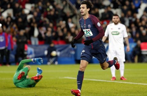 PSG's Javier Pastore celebrates after scoring his side's third goal, during the French Cup soccer match, between Paris Saint-Germain and Guingamp at the Parc des Princes Stadium, in Paris, France, Wednesday, Jan. 24, 2018. (AP Photo/Thibault Camus)