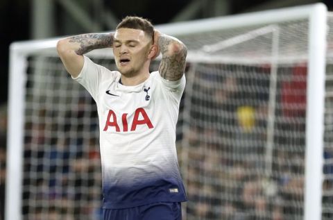 Tottenham's Kieran Trippier reacts during an English FA Cup fourth round soccer match between Crystal Palace and Tottenham Hotspur at Selhurst Park in London, Sunday, Jan. 27, 2019. (AP Photo/Tim Ireland)
