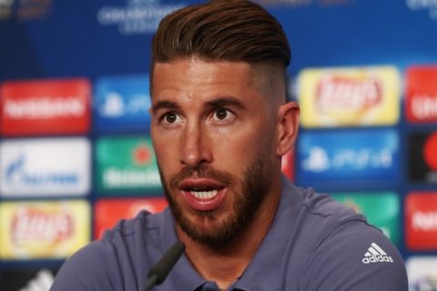 CARDIFF, WALES - JUNE 02:  In this handout image provided by UEFA, Sergio Ramos of Real Madrid talks during a press conference prior to the UEFA Champions League Final between Juventus and Real Madrid at the National Stadium of Wales on June 2, 2017 in Cardiff, Wales.  (Photo by Handout/UEFA via Getty Images)
