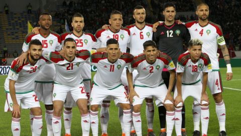 In this photo taken on Tuesday, March 27, 2018, from top left, Morocco soccer players Elkaabi Ayoub, Elhajam Oualid, Bammou Yacine, Saiss Ghanem, Munir Elkajoui, Dacosta Merouane, from bottom left, Labyed Zakaria, Amrabat Soufyan, Fajr Faycal, Hakimi Achraf, Harit Amine pose prior to a friendly soccer match between Morocco and Uzbekistan in Casablanca, Morocco. (AP Photo/Abdeljalil Bounhar)