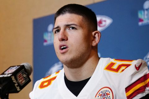Kansas City Chiefs defensive end George Karlaftis answers a question during an NFL football Super Bowl media availability in Scottsdale, Ariz., Tuesday, Feb. 7, 2023. The Chiefs will play against the Philadelphia Eagles in Super Bowl 57 on Sunday. (AP Photo/Ross D. Franklin)