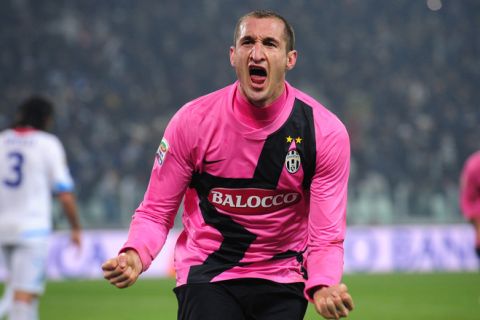 Juventus' defender Giorgio Chiellini celebrates after scoring a goal during their the Serie A football match between Juventus and Catania at the "Juventus Stadium" in Turin on February 18, 2012. AFP PHOTO / GIUSEPPE CACACE (Photo credit should read GIUSEPPE CACACE/AFP/Getty Images)