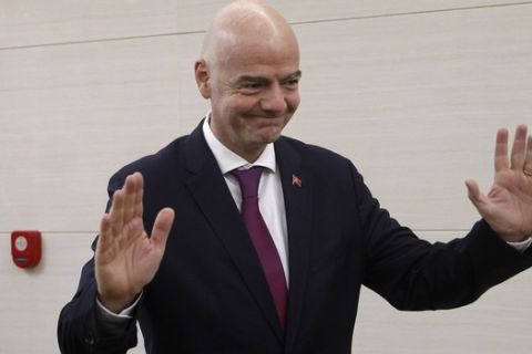 FIFA President Gianni Infantino, arrives at the Pyongyang Airport in Pyongyang, North Korea Tuesday, Oct. 15, 2019.  Infantino arrived in Pyongyang on the day that North Korean and South Korean teams are set to play a World Cup qualifier match in the Norths capital. (AP Photo/Jon Chol Jin)