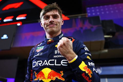 BAHRAIN, BAHRAIN - MARCH 01: Pole position qualifier Max Verstappen of the Netherlands and Oracle Red Bull Racing celebrates in parc ferme during qualifying ahead of the F1 Grand Prix of Bahrain at Bahrain International Circuit on March 01, 2024 in Bahrain, Bahrain. (Photo by Mark Thompson/Getty Images)