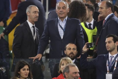 Roma club president James Pallotta, center, looks down from the stands during the Champions League semifinal second leg soccer match between Roma and Liverpool at the Olympic Stadium in Rome, Wednesday, May 2, 2018. (AP Photo/Alessandra Tarantino)