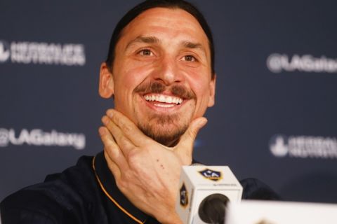 LA Galaxy's newest player Zlatan Ibrahimovic of Sweden, speaks during a press conference following a training session at the StubHub Center, March 30, 2018 in Carson, Calif. (AP Photo/Ringo H.W. Chiu)