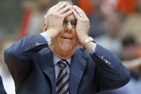 Syracuse head coach Jim Boeheim reacts to a call in the second half of an NCAA college basketball game against Old Dominion in Syracuse, N.Y., Saturday, Dec. 15, 2018. Old Dominion won 68-62. (AP Photo/Nick Lisi)