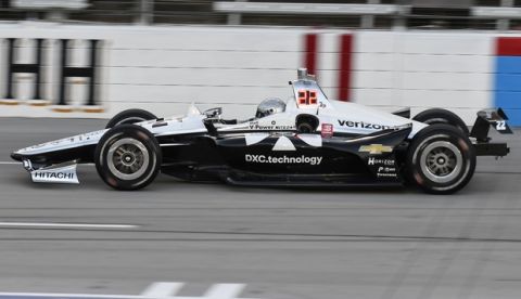 Simon Pagenaud races down the front stretch during the IndyCar auto race at Texas Motor Speedway, Saturday, June 8, 2019, in Fort Worth, Texas. (AP Photo/Randy Holt)