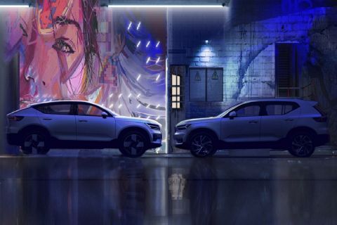 The Volvo C40 (left) juxtaposed with the car that inspired its creation, the XC40. This is the original sketch, created by Yury Zamkavenka in the Volvo Cars design team.