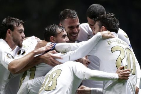 Οι παίκτες της Μπράγκα πανηγυρίζουν ένα γκολ στο παιχνίδι του Europa League της σεζόν 2020-21