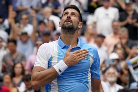 Novak Djokovic, of Serbia, reacts after defeating Bernabe Zapata Miralles, of Spain, during the second round of the U.S. Open tennis championships, Wednesday, Aug. 30, 2023, in New York. (AP Photo/John Minchillo)