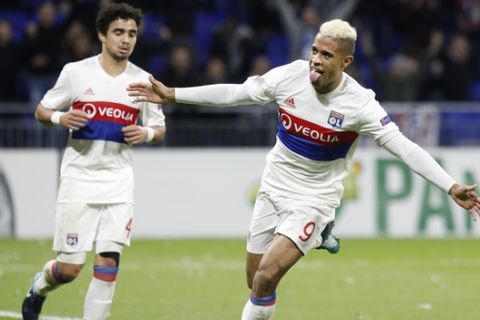 Lyon's Mariano Diaz celebrates after he scored a goal against Apollon during their Europa League group E soccer match in Decines, near Lyon, central France, Thursday, Nov. 23, 2017. (AP Photo/Laurent Cipriani)