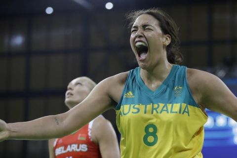 Australia center Liz Cambage reacts after making a basket and receiving a foul during the second half of a women's basketball game against Belarus at the Youth Center at the 2016 Summer Olympics in Rio de Janeiro, Brazil, Saturday, Aug. 13, 2016. Australia defeated Belarus 74-66. (AP Photo/Carlos Osorio)