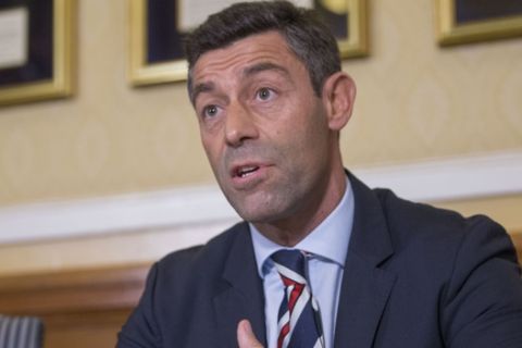 Pedro Caixinha the new manager of the Scottish soccer team  Glasgow Rangers spaeks during a press conference at Ibrox Stadium, Glasgow Scotland. Monday March 13, 2017.  (Jeff Holmes/PA via AP)