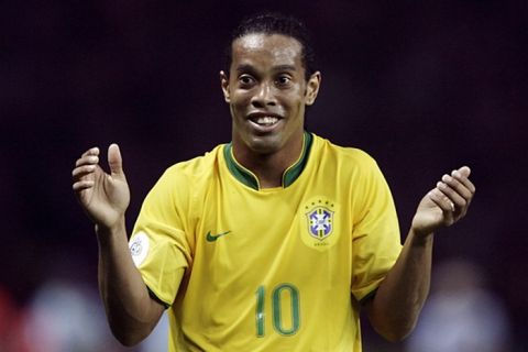 Brazilian midfielder Ronaldinho celebrates at the end of the World Cup 2006 group F football game Brazil vs. Croatia 13 June 2006 at Berlin stadium. Brazil won 1-0.  AFP PHOTO ANTONIO SCORZA

(Photo credit should read ANTONIO SCORZA/AFP/Getty Images)