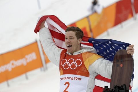 Shaun White, of the United States, reacts to winning gold during the men's halfpipe finals at Phoenix Snow Park at the 2018 Winter Olympics in Pyeongchang, South Korea, Wednesday, Feb. 14, 2018. (AP Photo/Lee Jin-man)