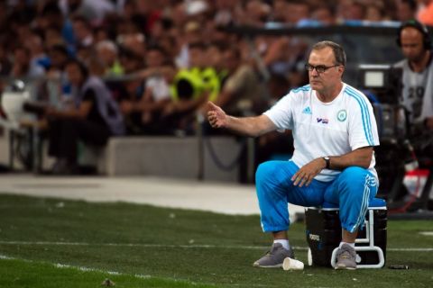 Marseille's Argentinian head coach Marcelo Bielsa gestures during the French L1 football match between Olympique de Marseille and Stade Malherbe de Caen on August 8, 2015 at the Velodrome stadium in Marseille, southern France. Marcelo Bielsa stunned French football on August 8 when he quit as coach of Marseille just minutes after his team had lost their season opener 1-0 at Caen. "I have resigned from my post as manager of Marseille," the Argentine announced at the end of his post-match news conference. AFP PHOTO / BERTRAND LANGLOIS        (Photo credit should read BERTRAND LANGLOIS/AFP/Getty Images)