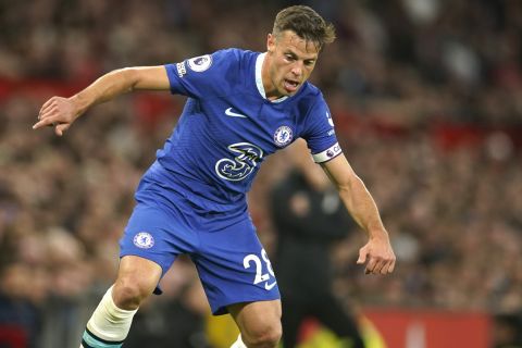 Chelsea's Cesar Azpilicueta in action during the English Premier League soccer match between Manchester United and Chelsea at the Old Trafford stadium in Manchester, England, Thursday, May 25, 2023. (AP Photo/Dave Thompson)