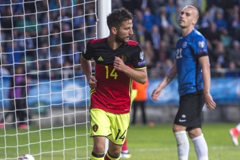 Belgium's Dries Mertens runs after scoring a goal during the World Cup Group H qualifying match between Estonia and Belgium at the A. Le Coq Arena in Tallinn, Estonia, Friday, June 9, 2017. (AP Photo/Marko Mumm)
