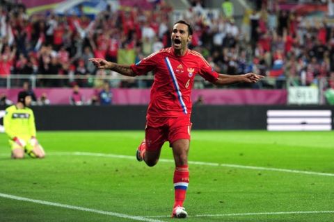 WROCLAW, POLAND - JUNE 08:  Roman Shirokov of Russia celebrates scoring their second goal during the UEFA EURO 2012 group A match between Russia and Czech Republic at The Municipal Stadium on June 8, 2012 in Wroclaw, Poland.  (Photo by Jamie McDonald/Getty Images)
