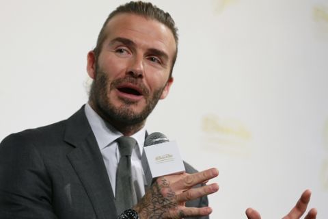 Former England's soccer player David Beckham speaks during a press conference in Tokyo, Wednesday, Oct. 4, 2017. Casino and resorts operator Las Vegas Sands has deployed Beckham and other top sports, music and entertainment figures in its effort to woo Japan as it prepares to issue licenses for casinos. Japan's large and wealthy market is luring big-name casino operators who are sweetening their bids with promises of ultra-modern "integrated resorts." Las Vegas Sands told reporters in Tokyo on Wednesday its plans include top-class concert and sports venues to help revive Japan's leisure industry.(AP Photo/Shizuo Kambayashi)