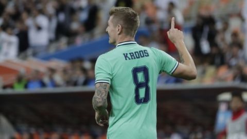Real Madrid's Toni Kroos celebrates after scoring the opening goal during the Spanish Super Cup semifinal soccer match between Real Madrid and Valencia at King Abdullah stadium in Jiddah, Saudi Arabia, Thursday, Jan. 9, 2020. (AP Photo/Amr Nabil)