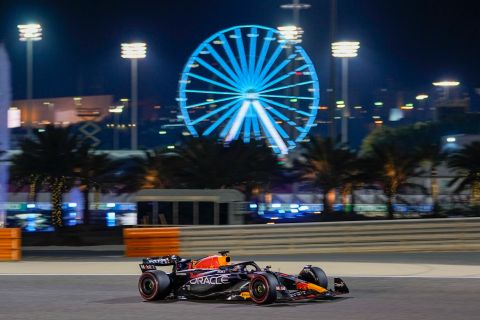 Red Bull driver Max Verstappen of the Netherlands steers his car during the second Formula One free practice at the Bahrain International Circuit in Sakhir, Bahrain, Friday, March 3, 2023. The Bahrain GP will be held on Sunday March 5, 2023. (AP Photo/Ariel Schalit)
