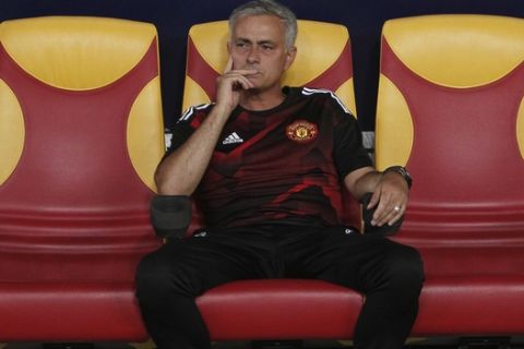 Manchester United's coach Jose Mourinho looks on during the Super Cup final soccer match between Real Madrid and Manchester United at Philip II Arena in Skopje, Tuesday, Aug. 8, 2017. Real Madrid defeated Manchester United 2-1. (AP Photo/Boris Grdanoski)