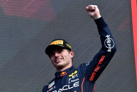First place Red Bull driver Max Verstappen of the Netherlands celebrates on the podium after winning the Formula One Grand Prix at the Spa-Francorchamps racetrack in Spa, Belgium, Sunday, Aug. 28, 2022. (AP Photo/Geert Vanden Wijngaert)