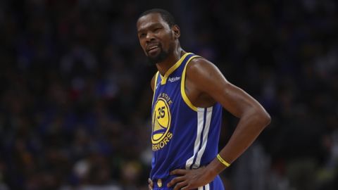 Golden State Warriors forward Kevin Durant is called for a foul during the second half of an NBA basketball game against the Detroit Pistons, Saturday, Dec. 1, 2018, in Detroit. (AP Photo/Carlos Osorio)