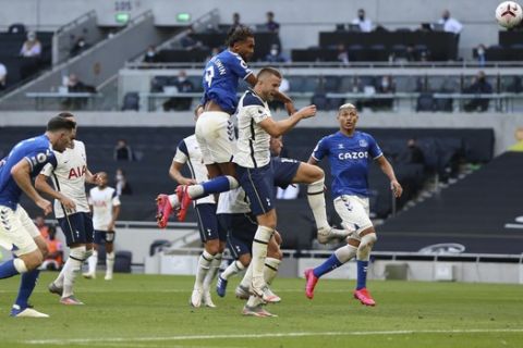 Everton's Dominic Calvert-Lewin scores his side's opening goal during the English Premier League soccer match between Tottenham Hotspur and Everton at the Tottenham Hotspur Stadium in London, Sunday, Sept. 13, 2020. (Alex Pantling/Pool via AP)