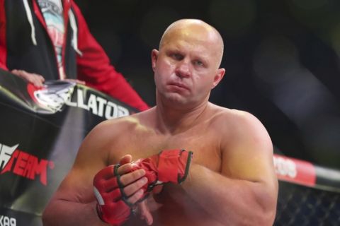 Fedor Emelianenko is seen before a mixed martial arts bout at Bellator 208, in Uniondale, NY on Saturday, Oct. 13, 2018. Emelianenko won via first round TKO. (AP Photo/Gregory Payan)