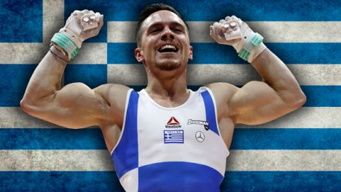 Eleftherios Petrounias of Greece after winning the gold medal in the rings during the men's artistic gymnastics finals at the European Championships in Glasgow, Scotland, Sunday, Aug. 12, 2018. (AP Photo/Darko Bandic)