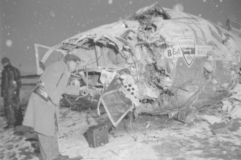This is the wreckage of the British European Airways plane after it crashed, Feb. 6, 1958 near Munich, Germany, carrying the Manchester United championship soccer team from England. The plane crashed into houses in the village of Kirchdruding and burst into flames. German police said at least 15 of the 44 persons aboard were killed. (AP Photo)