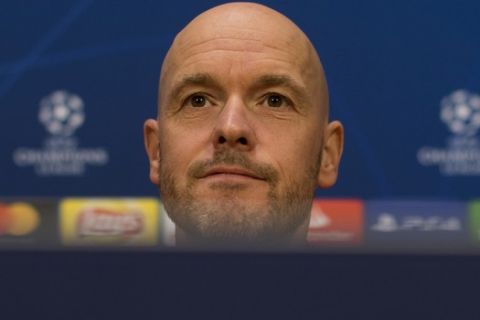 Ajax's head coach Erik Ten Hag listens to a question during a press conference at the Johan Cruyff Arena in Amsterdam, Netherlands, Tuesday, May 7, 2019. Ajax will play Tottenham Hotspur in the Champions League semifinal, second leg, soccer match on Wednesday May 8, 2019. (AP Photo/)