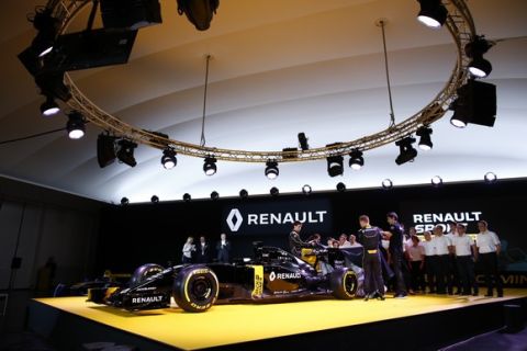 Renault F1 drivers PALMER Jolyon (gbr), MAGNUSSEN Kevin (dan) and OCON Esteban (fra) Renault F1 tests driver launching the Renault R.S16 during the Renault Sport F1 launch at Guyancourt Technocentre, France on february 3 2016 -  Photo Frederic Le Floc'h / DPPI